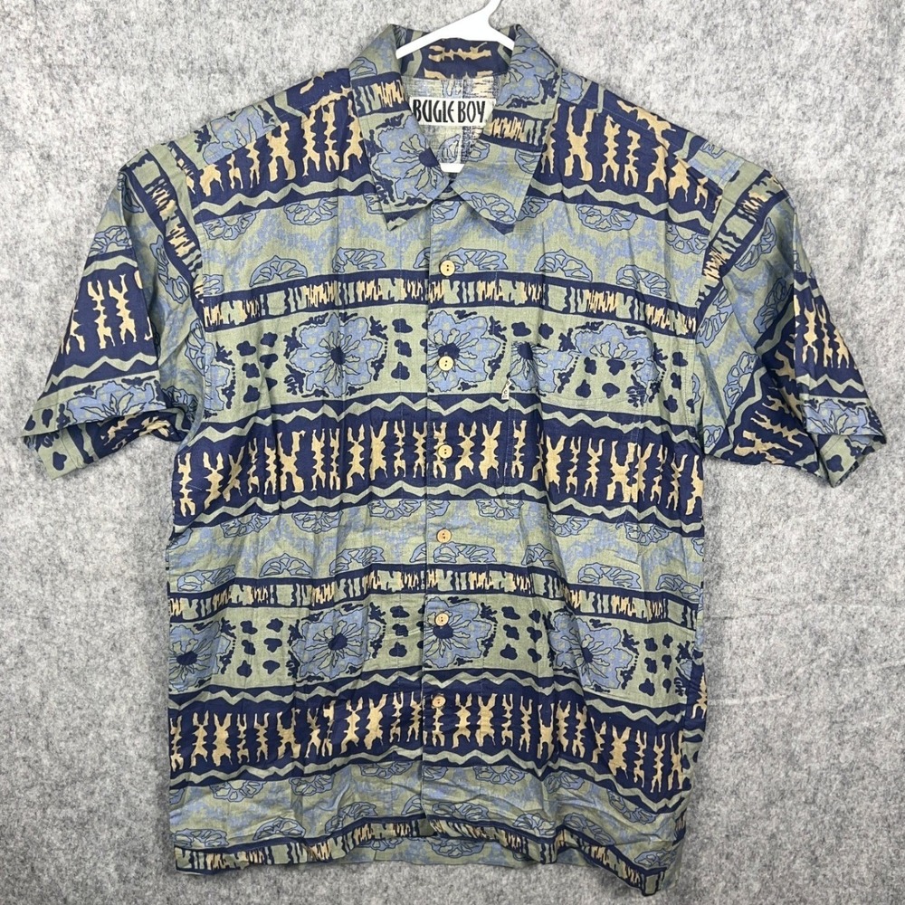 Bugle Boy Men's Vintage Tribal Floral Print Button Up‎ Shirt Ramie Cotton Large